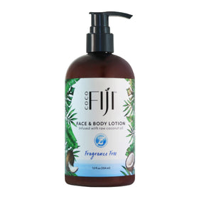 A Coco Fiji lotion bottle shows fragrance-free hydration for skin.
