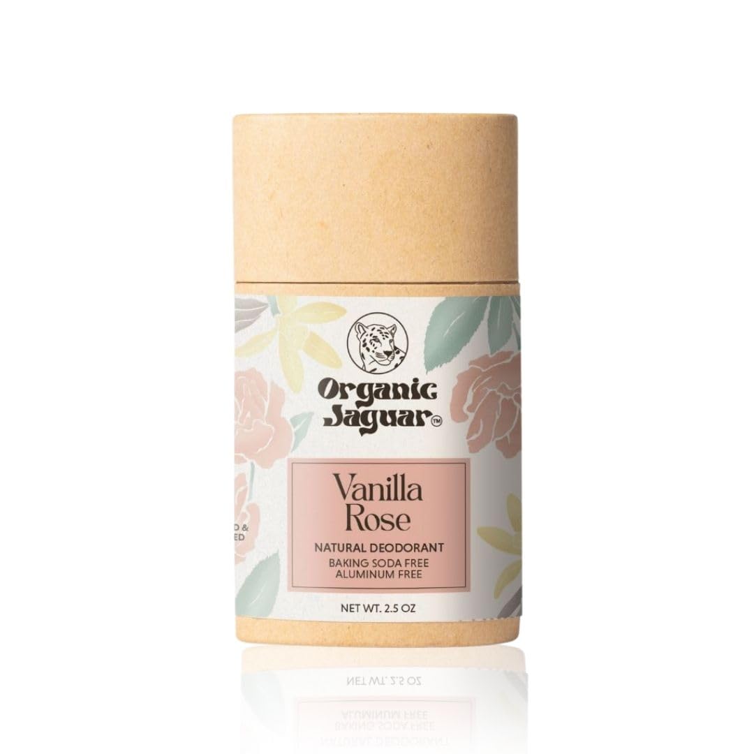 Organic Jaguar deodorant rose vanilla stick showing soothing formula for sensitive skin