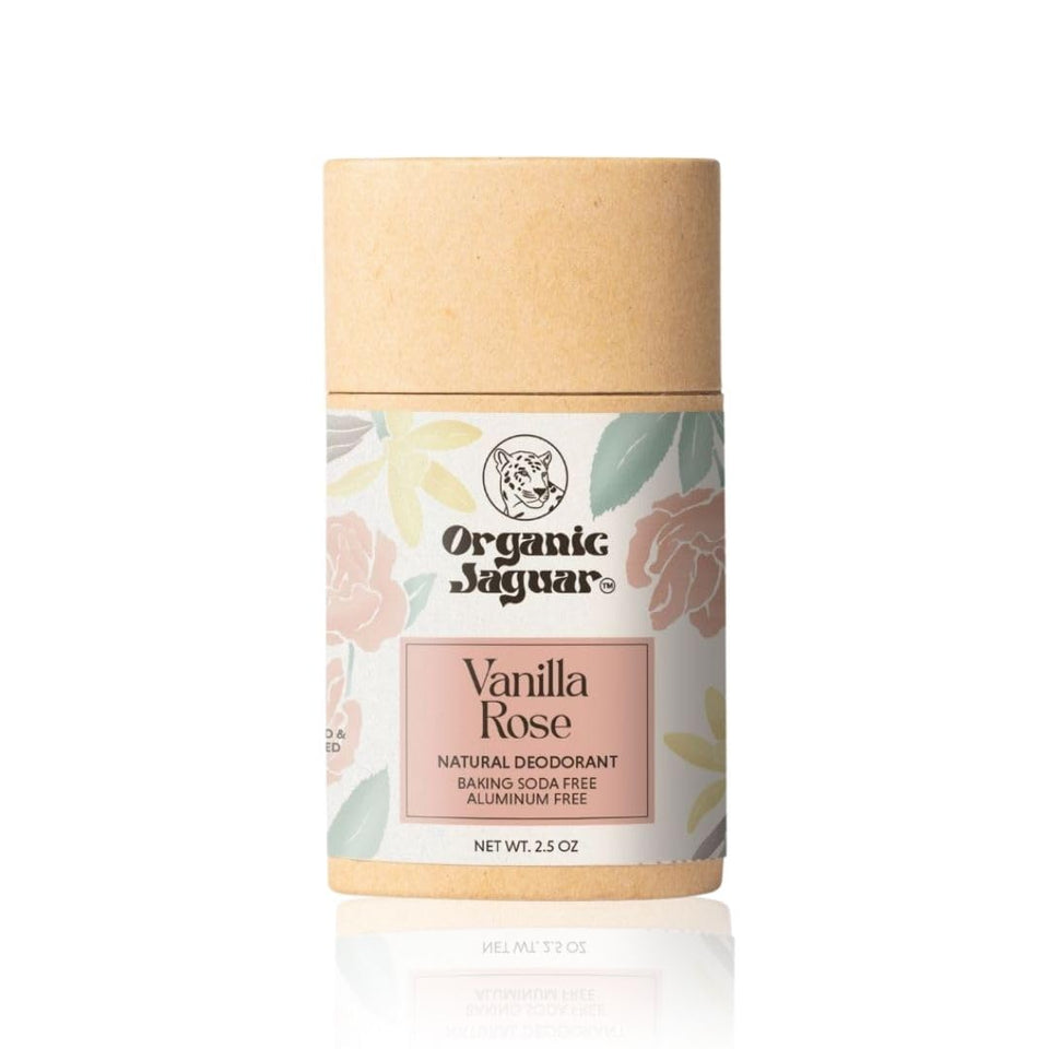 Organic Jaguar deodorant rose vanilla stick showing soothing formula for sensitive skin