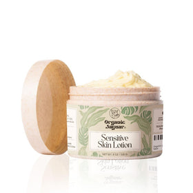 Organic Jaguar natural body lotion pump bottle, delivering gentle hydration for sensitive skin.