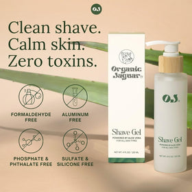 Organic Jaguar shave gel with tea tree oil provides refreshing sensation.