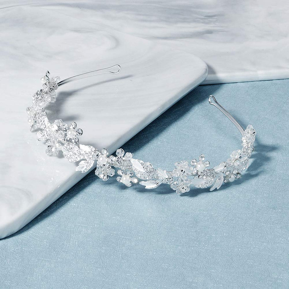 Oriamour bridal headband with rhinestones in silver for radiant wedding styling.