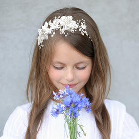 Oriamour celebration headpiece in ivory tulle elevates birthday and communion outfits