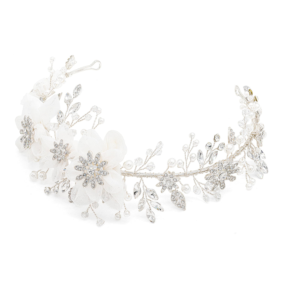 Oriamour Flower Girl Headpiece features ivory tulle and crystal cluster for timeless wedding sparkle