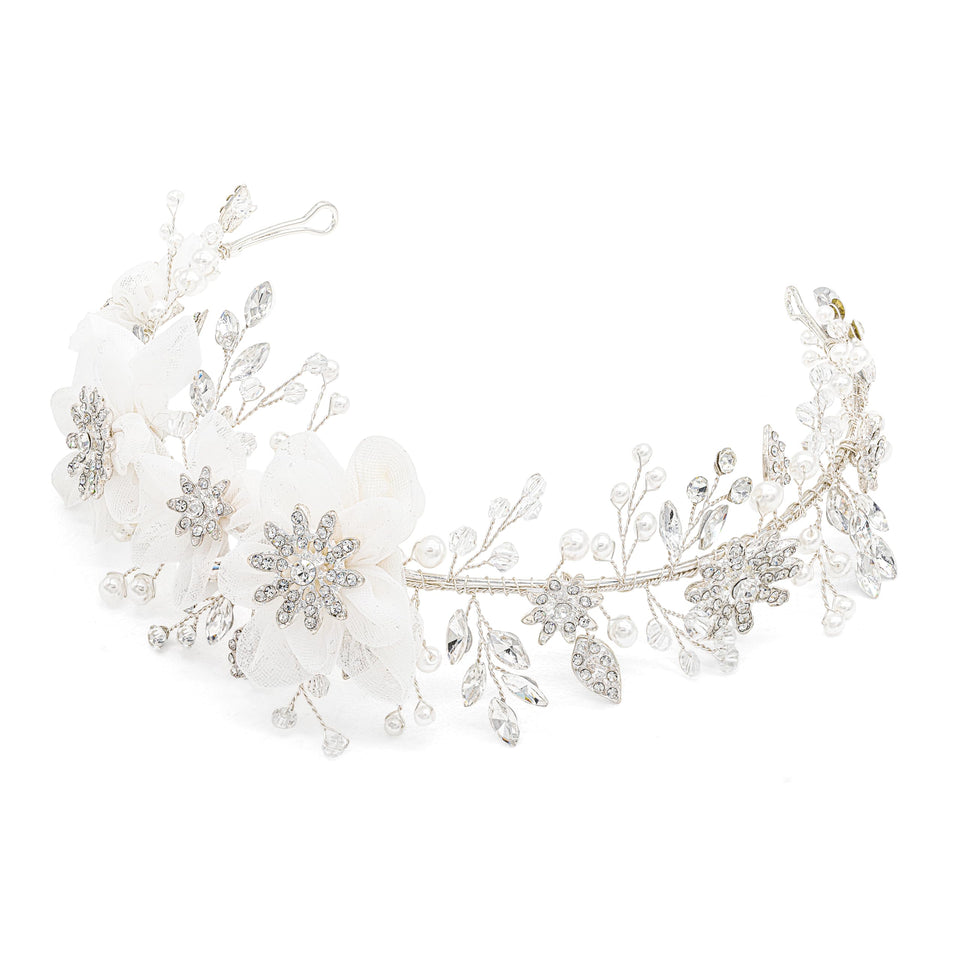 Oriamour Flower Girl Headpiece features ivory tulle and crystal cluster for timeless wedding sparkle
