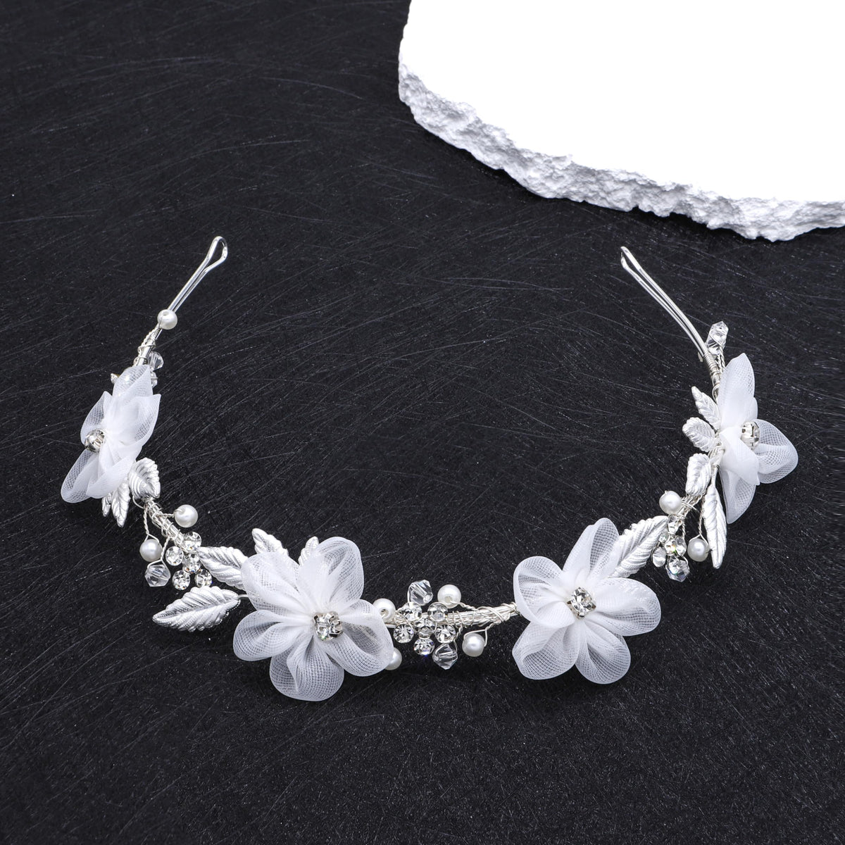 Oriamour flower headpiece in ivory tulle with pearls, ideal for weddings.