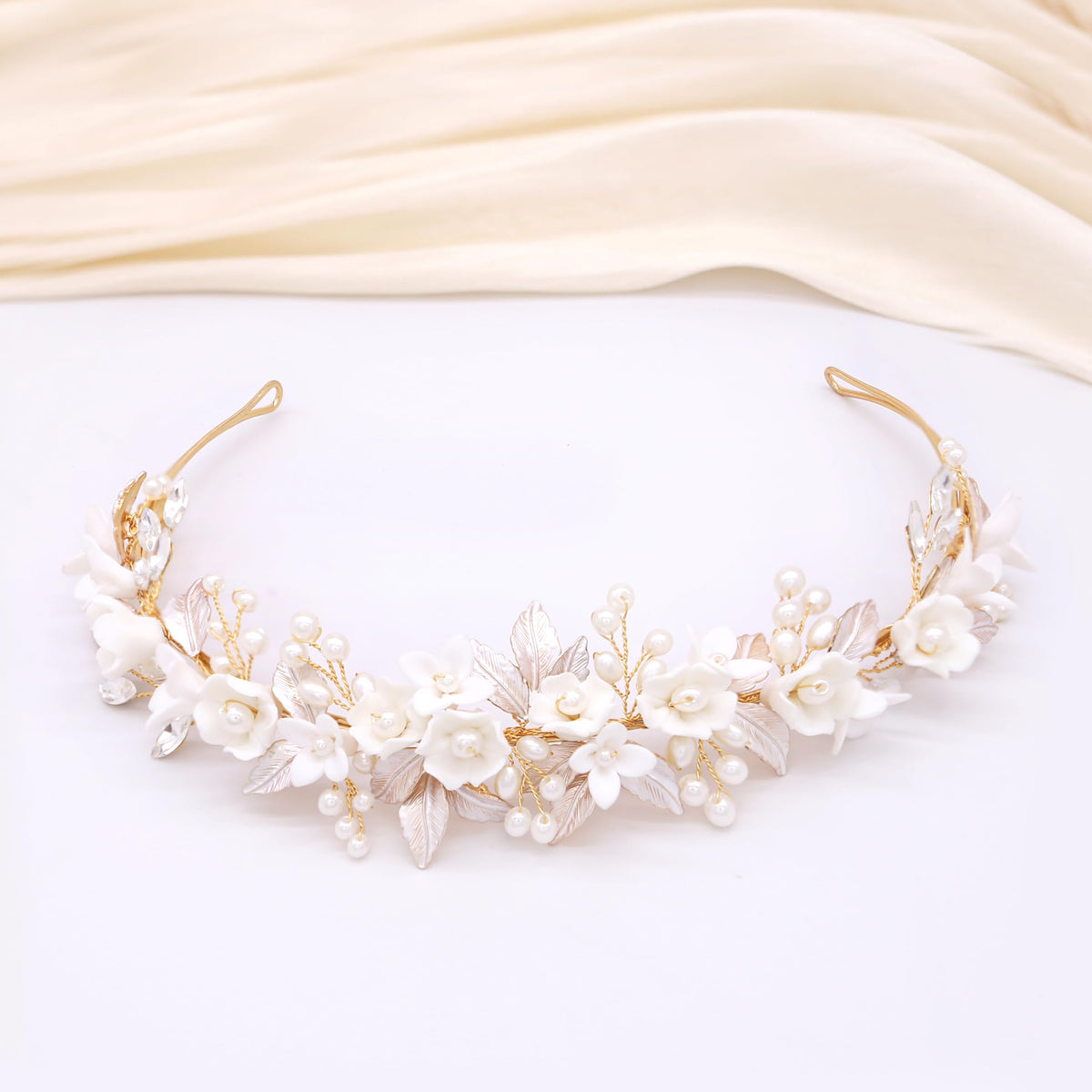 Oriamour Gold Bridal Headband with ceramic flowers for elegant wedding styling