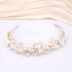 Oriamour Gold Bridal Headband with ceramic flowers for elegant wedding styling