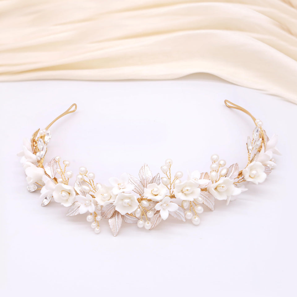 Oriamour Gold Bridal Headband with ceramic flowers for elegant wedding styling