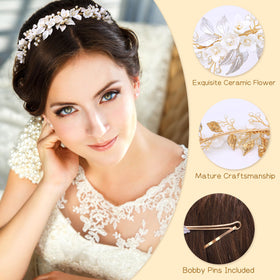 Oriamour Gold Headband with pearl detail accent ideal for classic wedding hairstyles