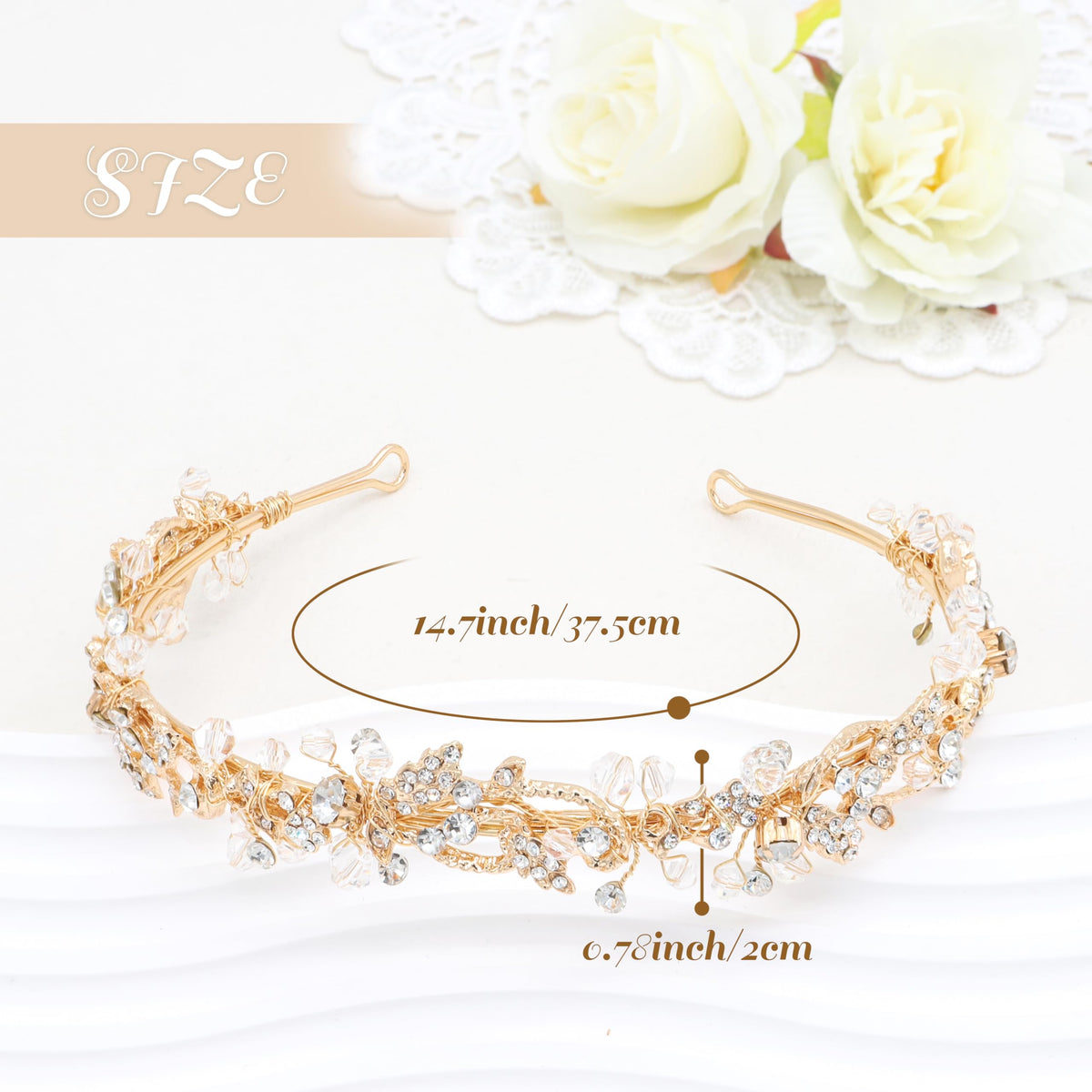 Oriamour gold-tone headpiece enhances hair with elegant shine for the ceremony.