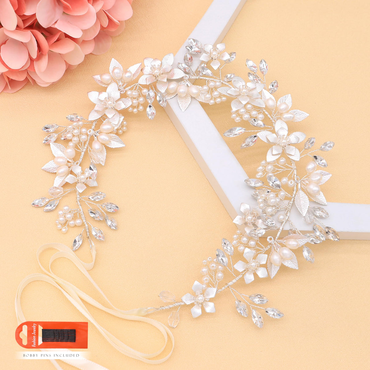 Oriamour headband with ribbons in silver for versatile styling and secure wear.