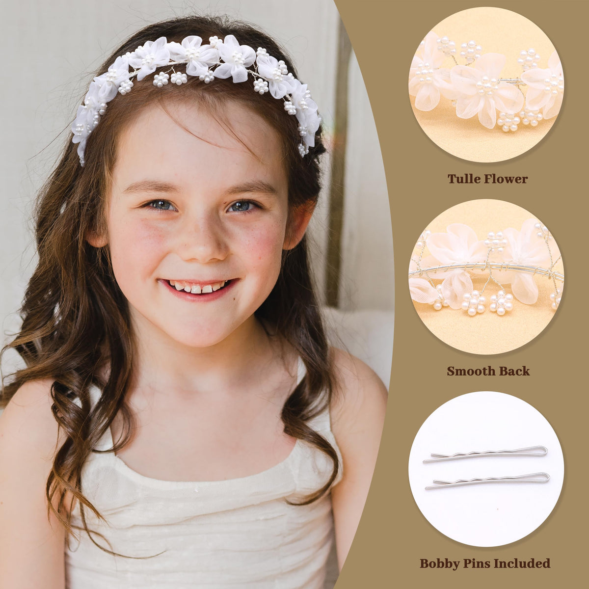 Oriamour headpiece close-up showing soft netting and pearl accents for First Communion.