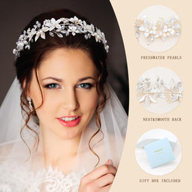 Oriamour pearls bridal accessory in silver finish for a romantic, classic wedding look.