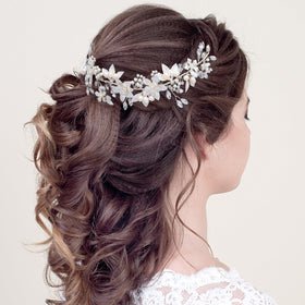 Oriamour silver headpiece with soft pink hues and gold accents.