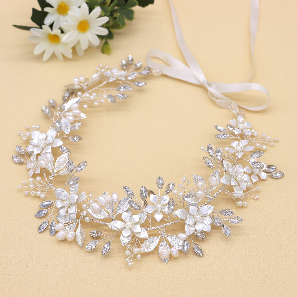 Oriamour wedding headband with flowers and pearls for a timeless bridal look.