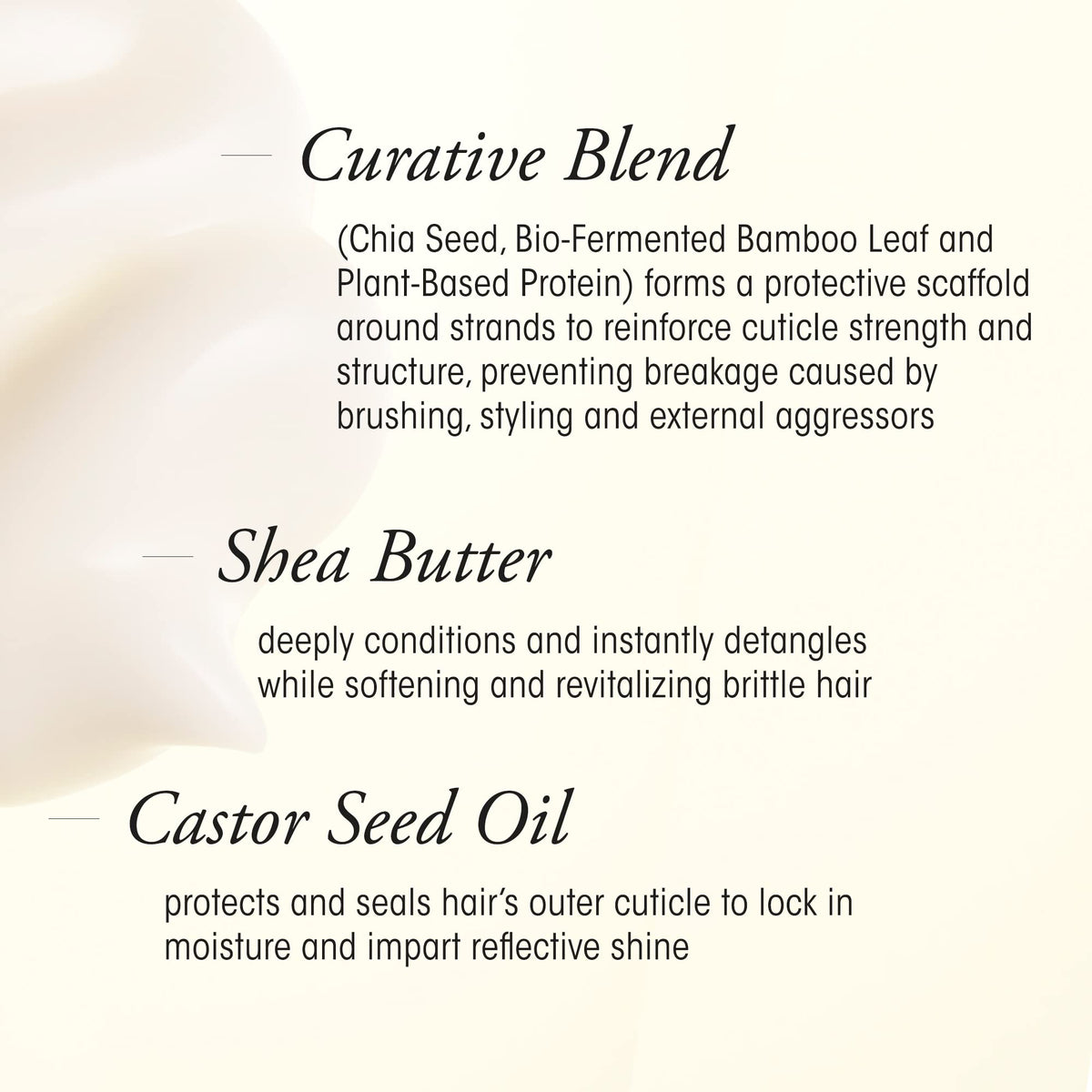 Oribe Hair Alchemy Strengthening Masque shows shea butter in action delivering rich hydration.