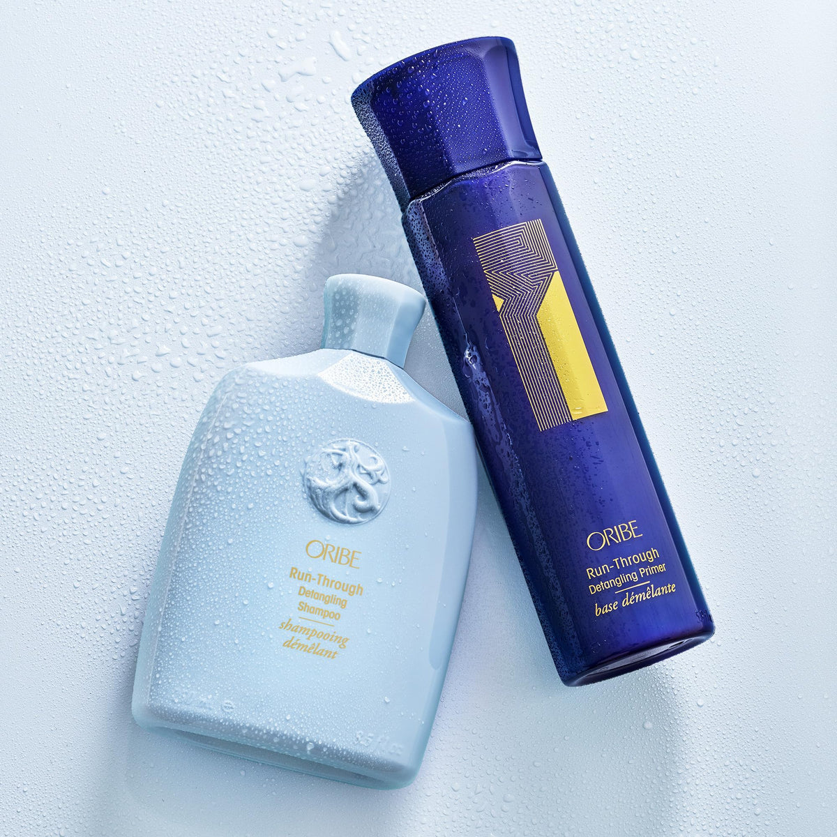 Oribe Run-Through Detangling Shampoo before and after hair showing detangling results