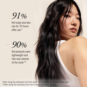 Oribe Serene Scalp Mist close-up shows a light, sheer formula