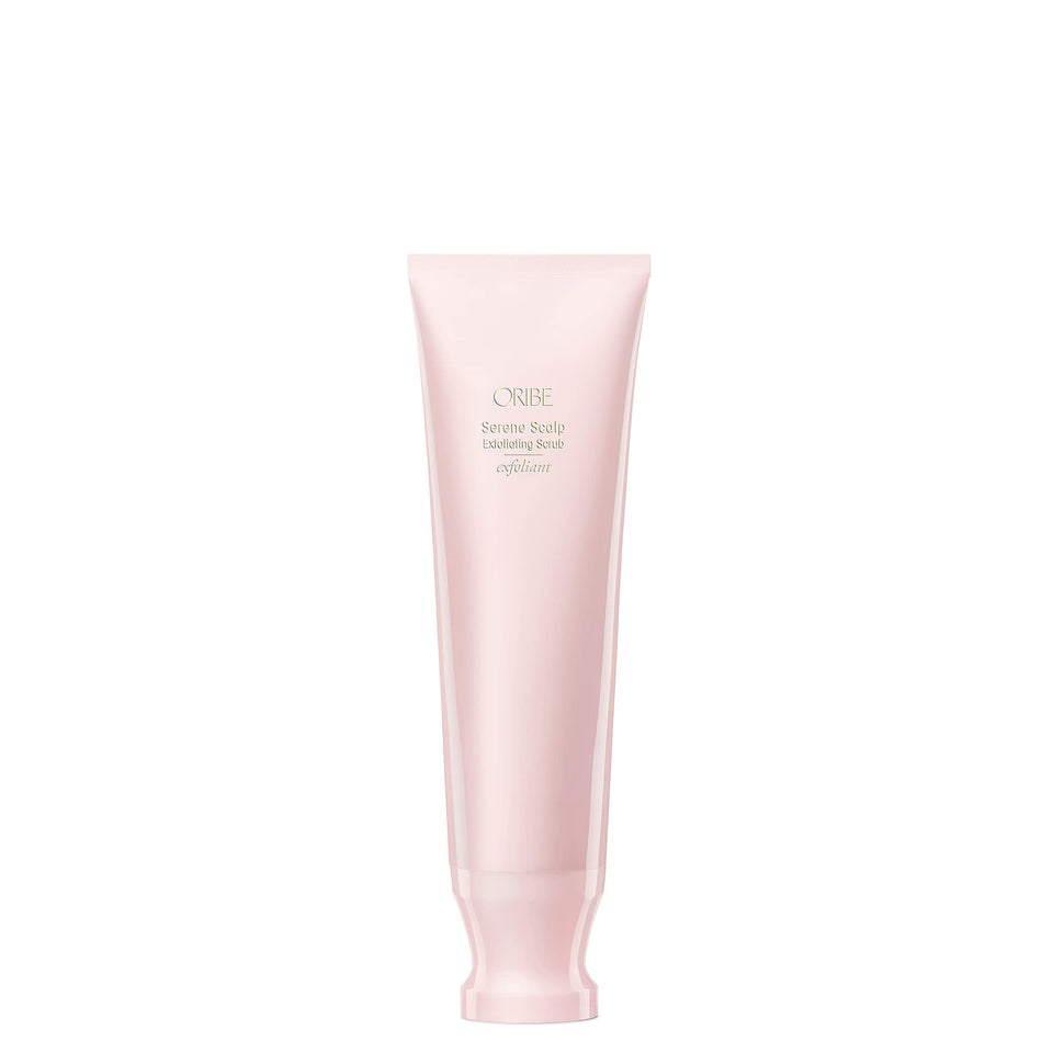 Oribe Serene Scalp Scrub bottle shown for cleansing and pore purification.