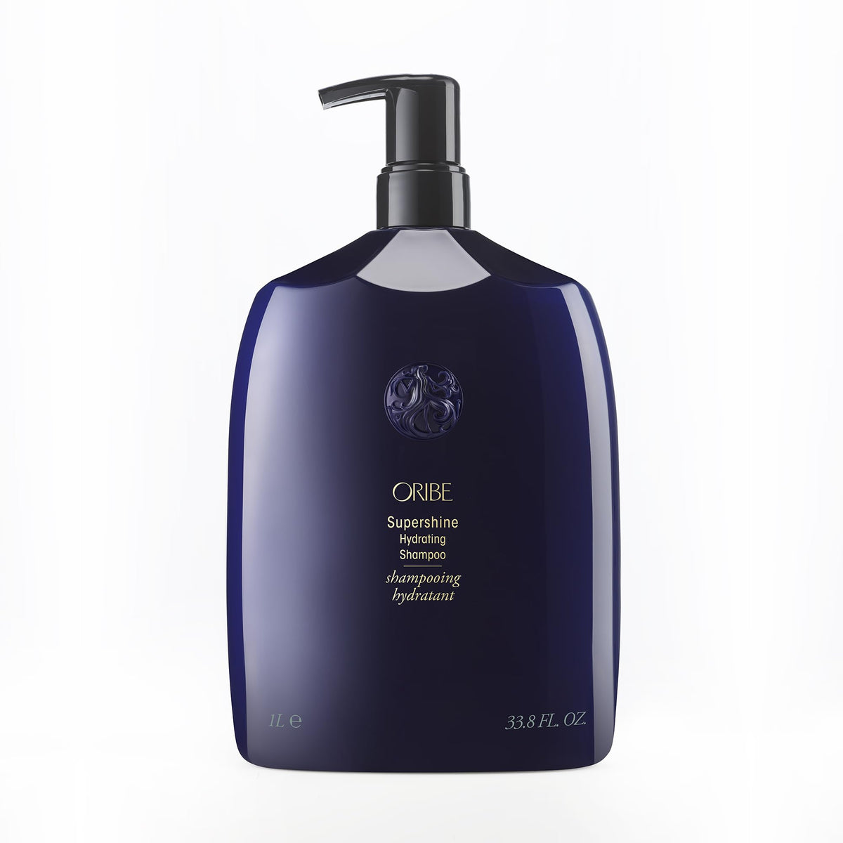 Oribe Supershine Hydrating Shampoo bottle on vanity for glossy hair