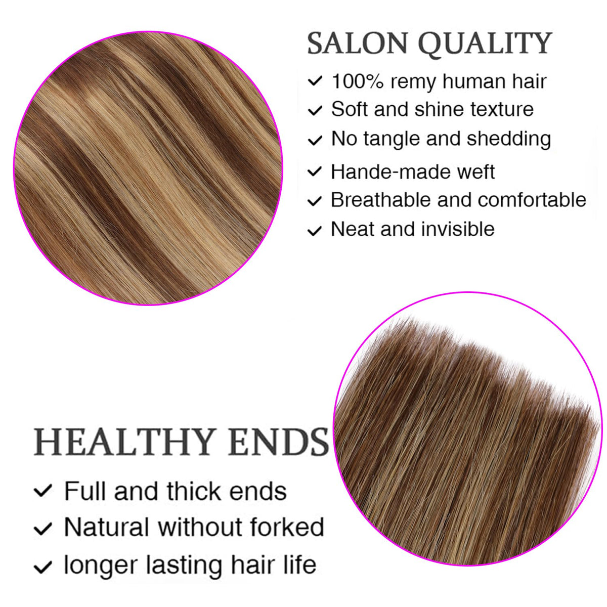 ORIGEN clip-in extensions with caramel blonde highlights for a silky straight finish