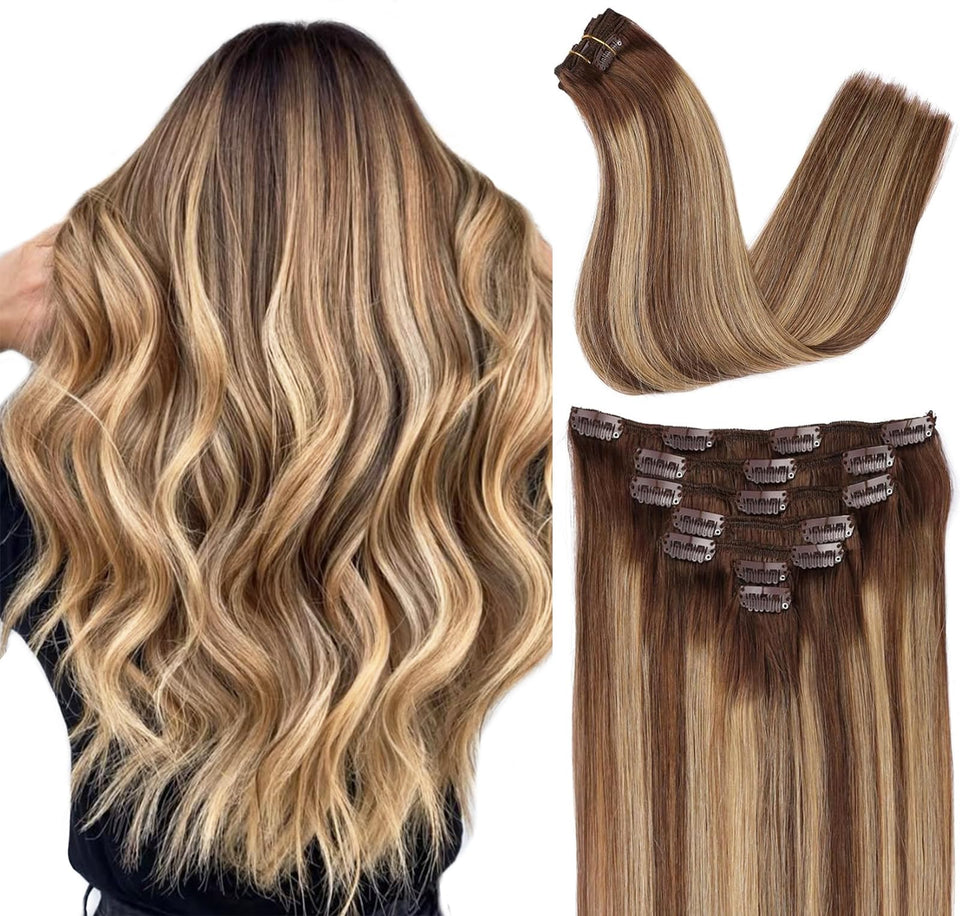 ORIGEN clip-in extensions in chocolate brown to caramel blonde for natural volume