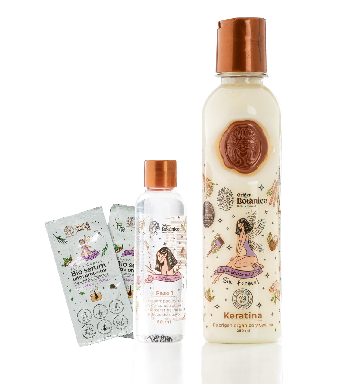 Origen Botanico Keratin Treatment 250ml bottle—organic smoothing for frizz control.