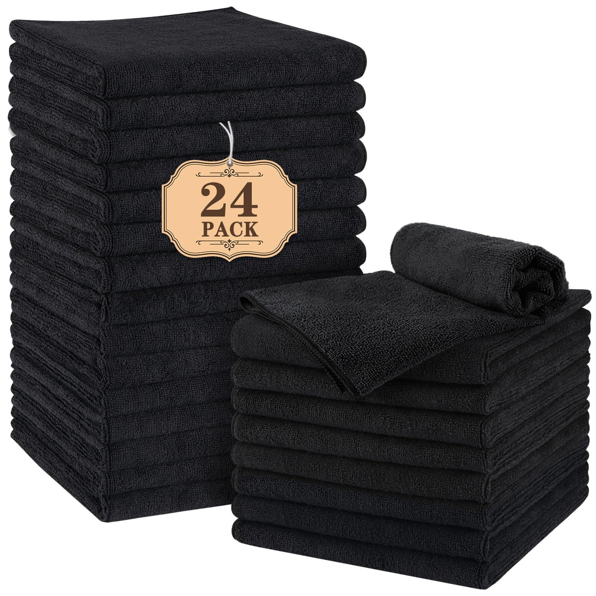 Orightly salon towels 24-pack stacked, soft black towels for daily salon use.