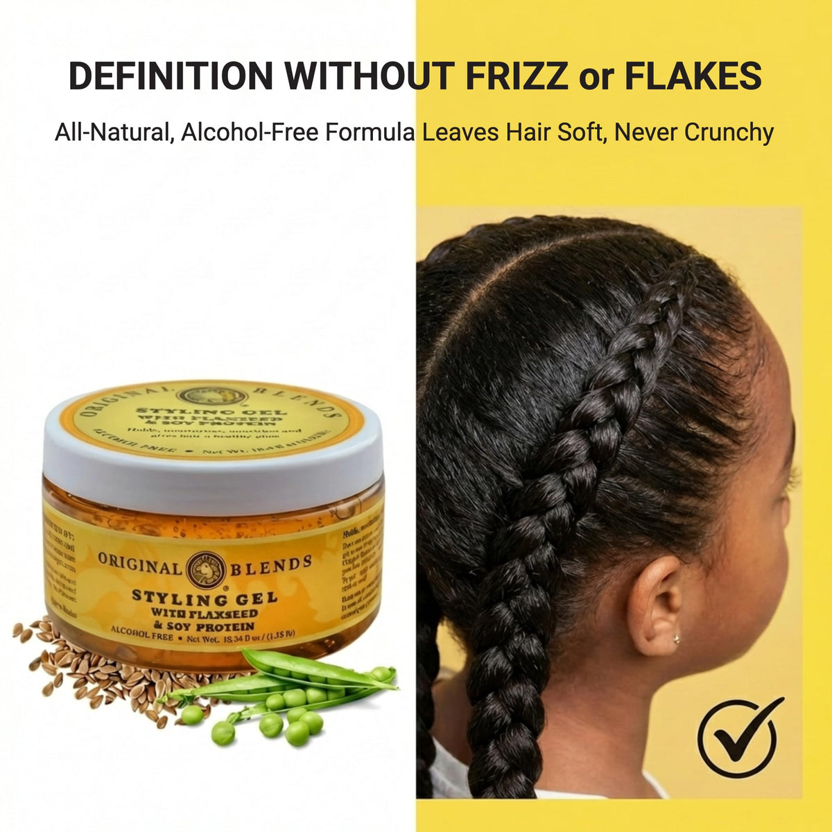 Close-up shows frizz control and smooth finish with Original Blends gel.