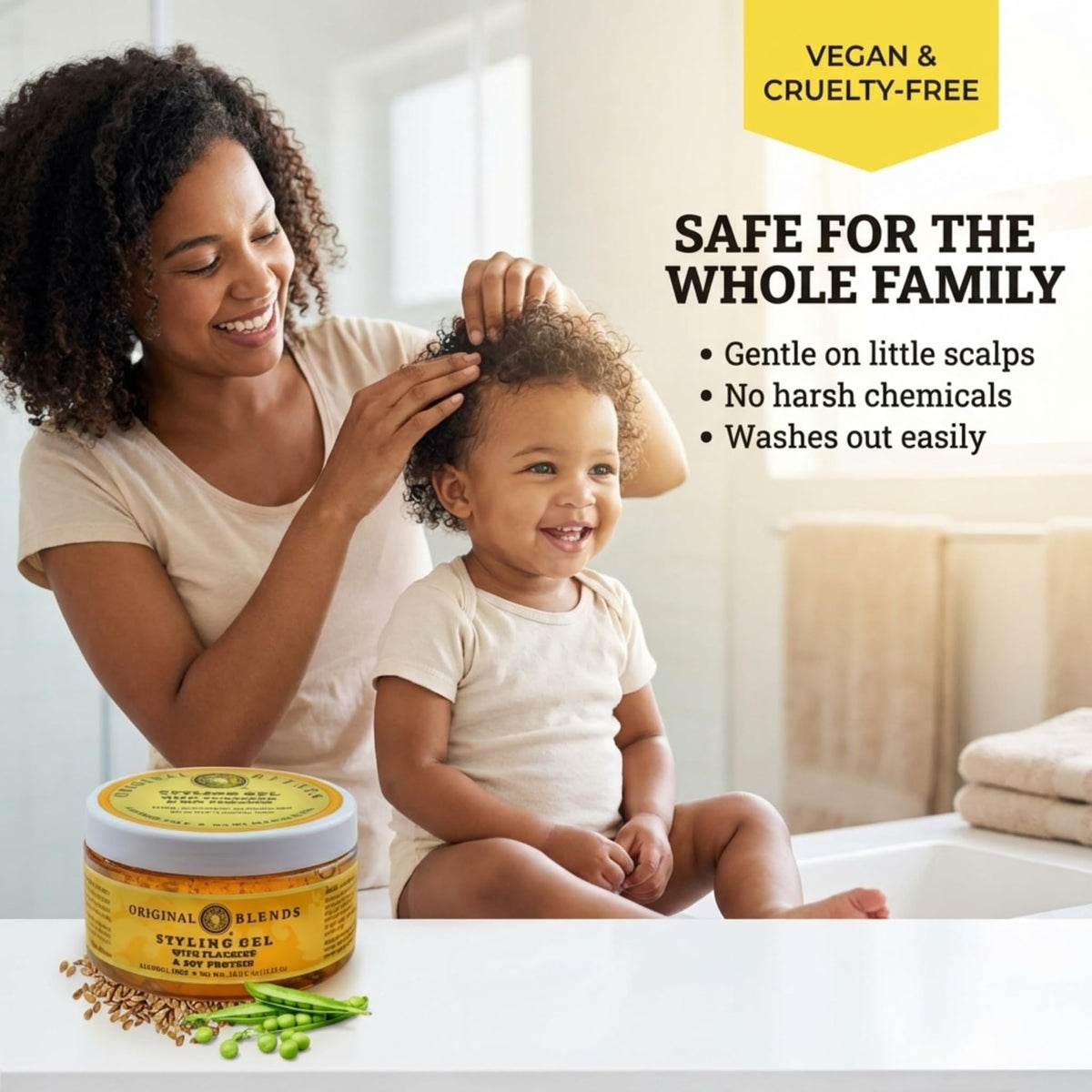 Family styling moment using Original Blends gel across hair types.
