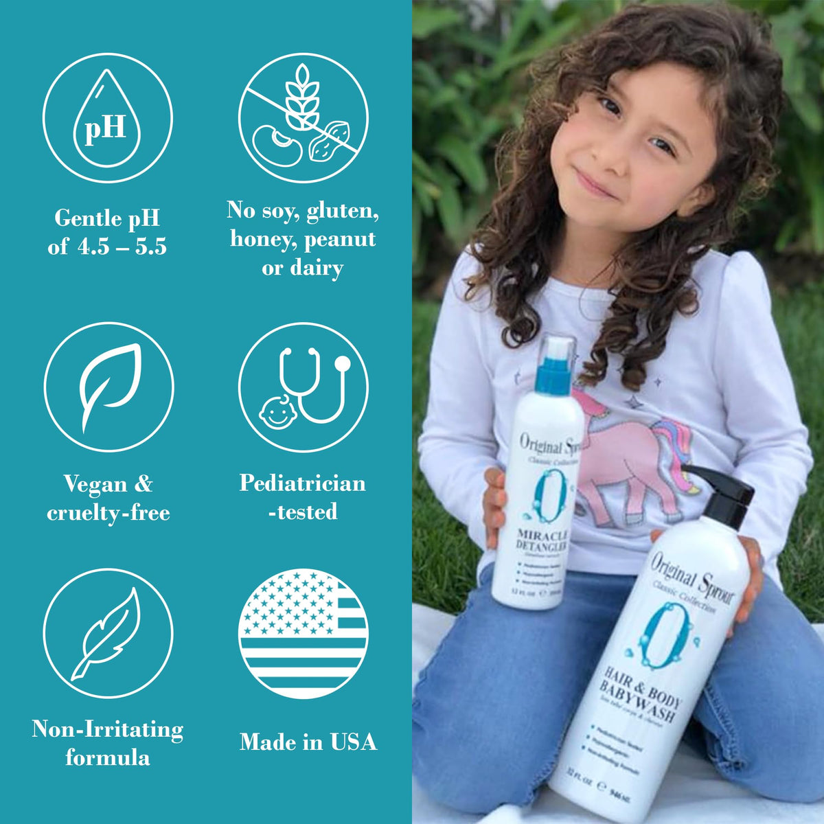 Original Sprout Miracle Detangler Spray closeup shows plant-based formula for gentle conditioning