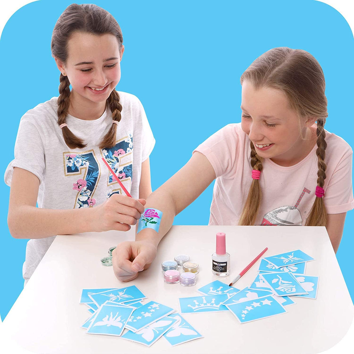 Original Stationery sleepover party setup featuring glitter tattoos for friends