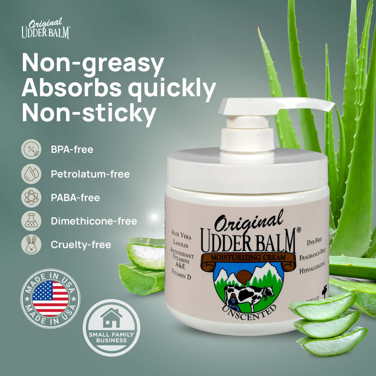 Original Udder Balm ingredients with Aloe Vera and vitamins for nourishing skin