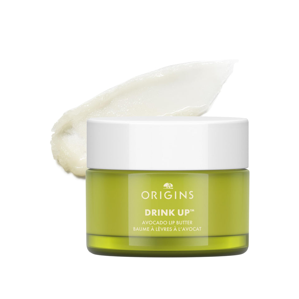 Origins Drink Up Avocado Lip Balm packaging highlights vegan formula for daily lip care.