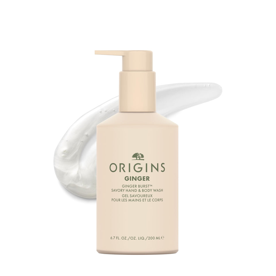 Origins Ginger Burst bottle pour for a refreshing hand and body cleanse.