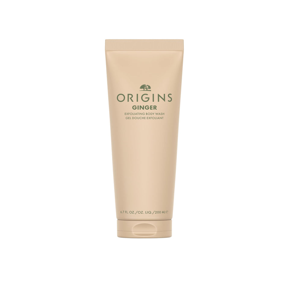 Origins Ginger Exfoliating Body Wash bottle with foamy lather for gentle cleansing