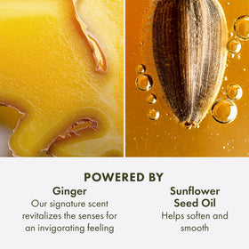 Portrait of Origins Ginger Hand & Body Lotion showing a non-greasy finish after use