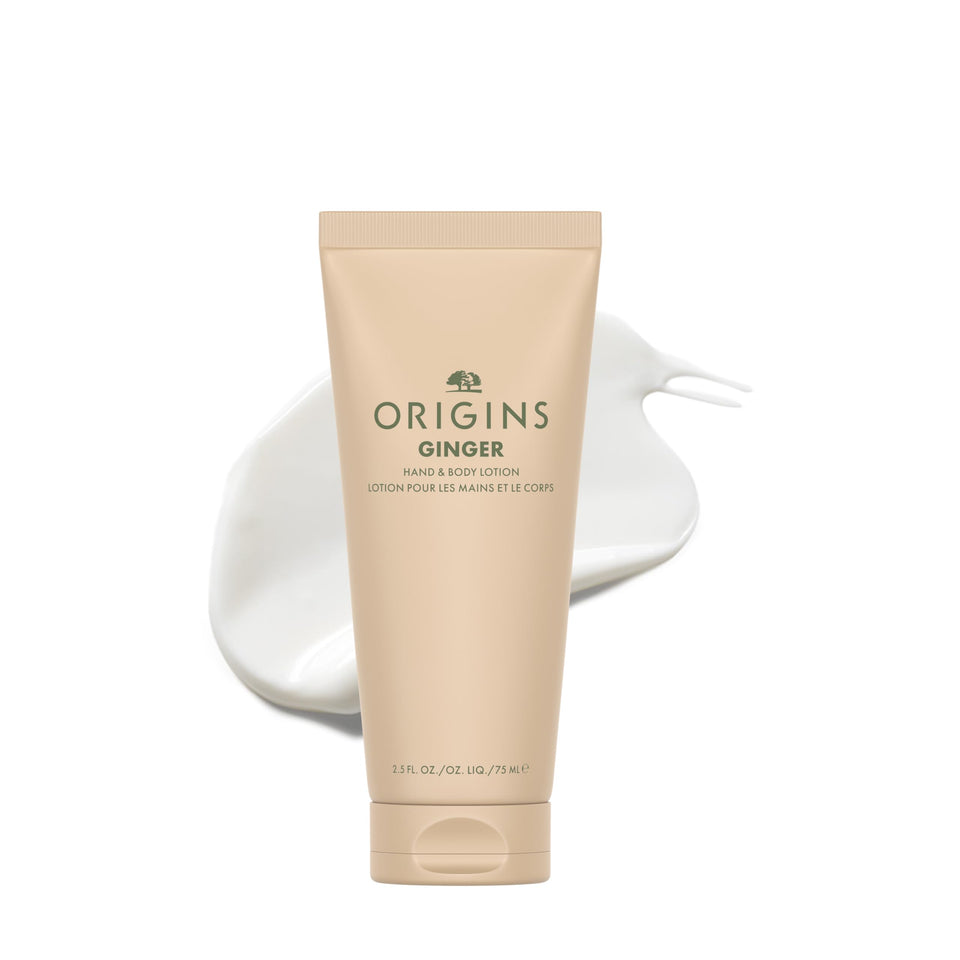 Origins Ginger Hand & Body Lotion packaging, travel-friendly size for on-the-go hydration