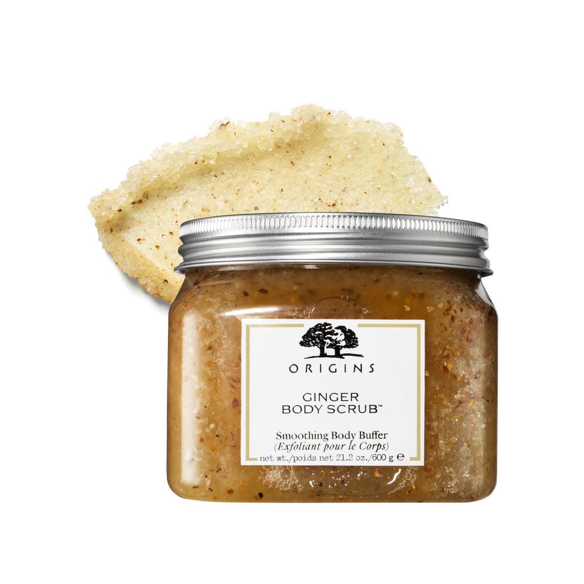Origins Ginger Smoothing Body Scrub packaging with ginger aroma for refreshed, smoother skin.