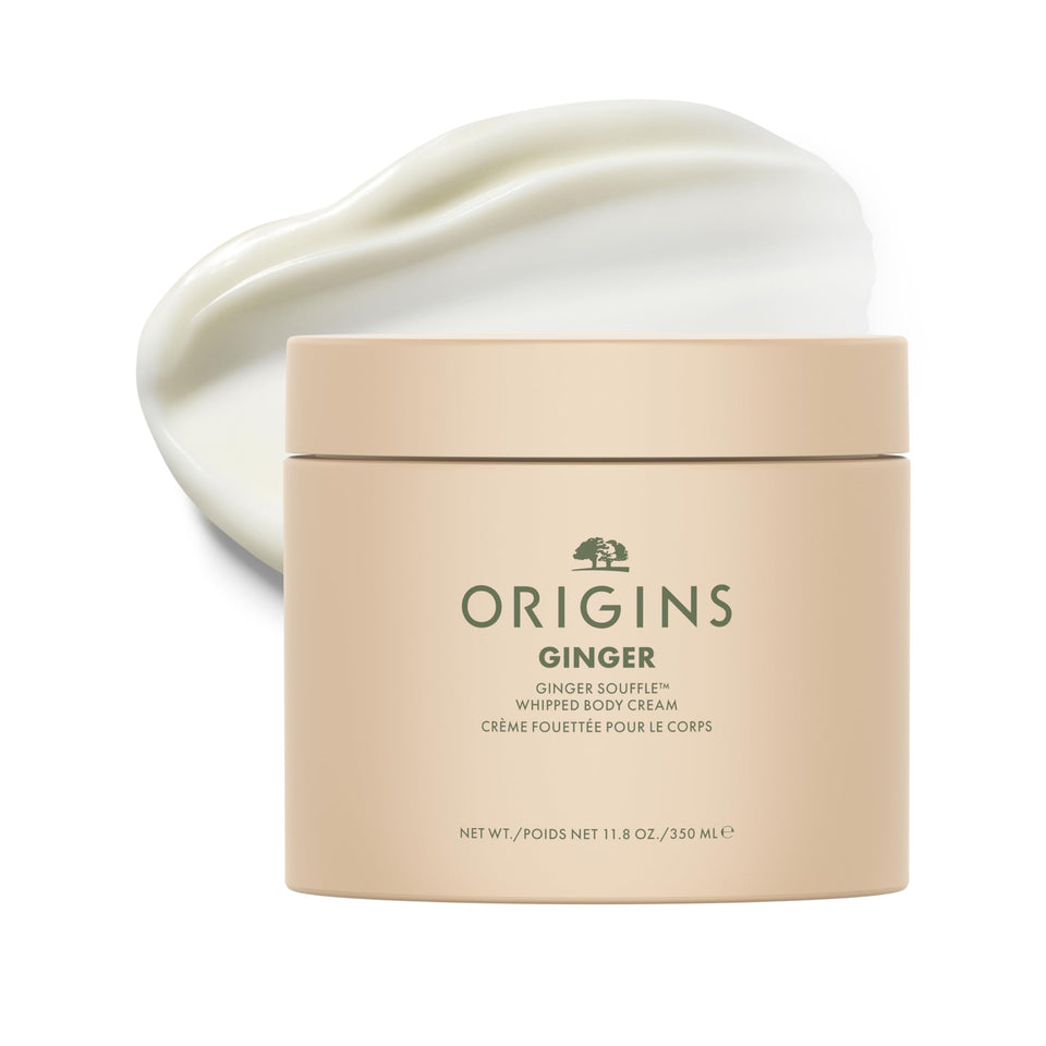Origins Ginger Souffle Cream jar showing rich, whipped texture for deep hydration.