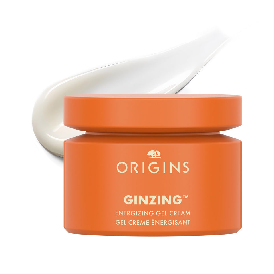 Origins GinZing Energizing Gel Cream jar closeup with refreshing gel texture for radiant skin