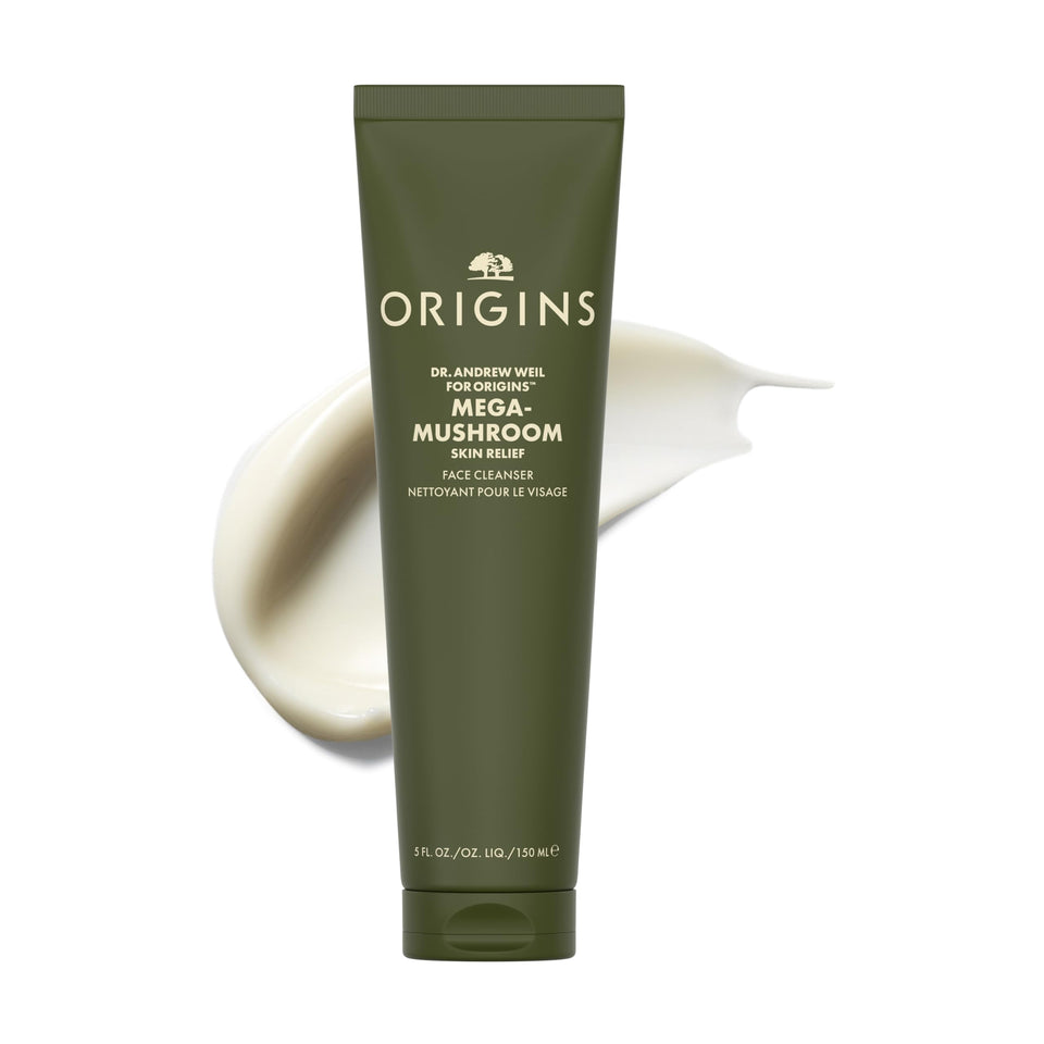 Origins Mega-Mushroom Gentle Face Cleanser bottle, ultra-gentle cleansing for sensitive skin.