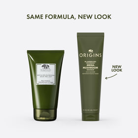Origins Mega-Mushroom cleanser pump closeup, milky texture ideal for makeup removal.