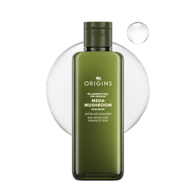 Origins Mega-Mushroom Micellar Cleanser bottle splash for gentle, no-rinse cleansing