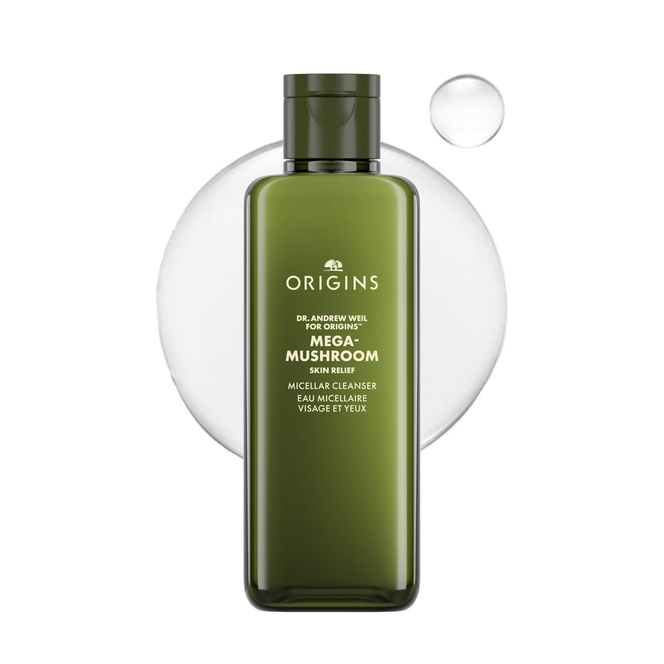 Origins Mega-Mushroom Micellar Cleanser bottle splash for gentle, no-rinse cleansing