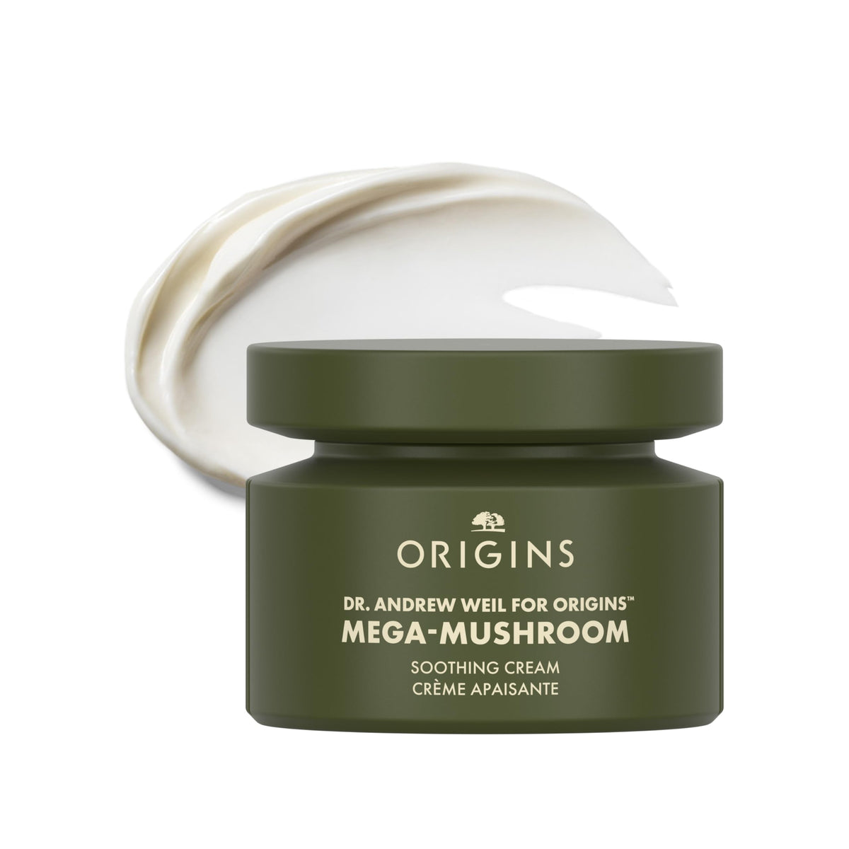 Origins Mega-Mushroom Soothing Cream bottle showing calming effect on skin