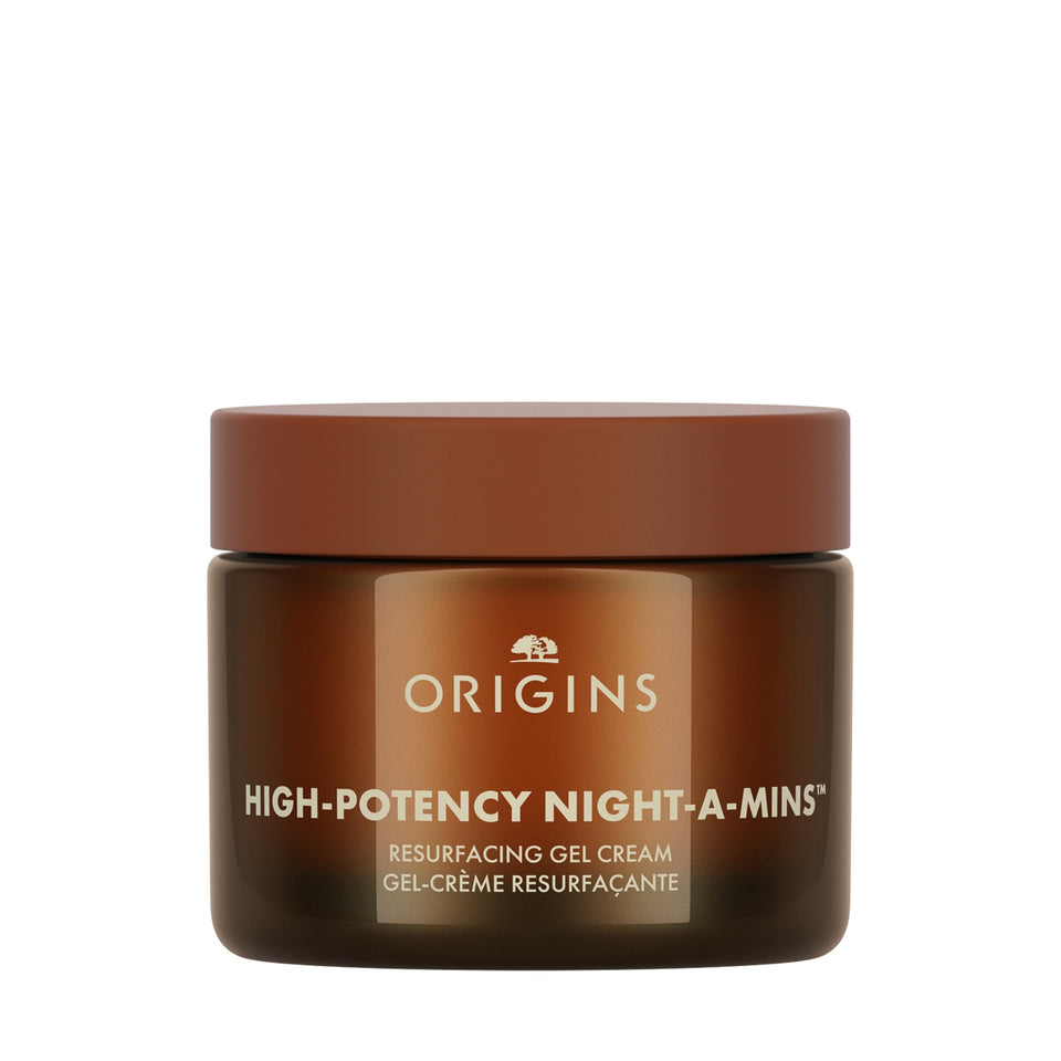 Origins Night-A-Mins resurfacing gel jar close-up showing creamy texture for overnight renewal