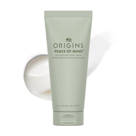 Origins Peace of Mind hand cream packaging highlights vegan hydration for dry hands.