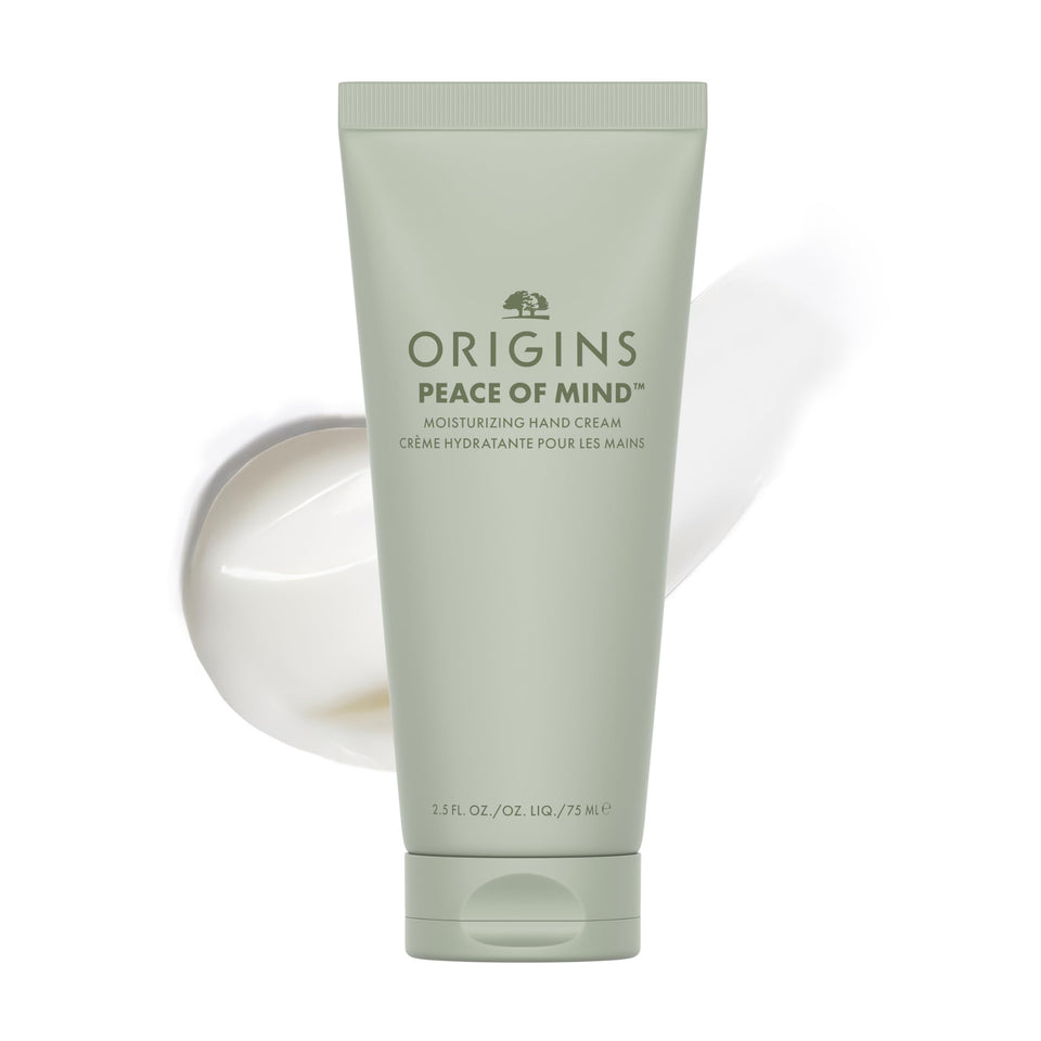 Origins Peace of Mind hand cream packaging highlights vegan hydration for dry hands.